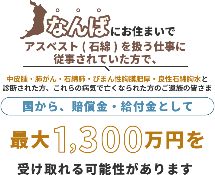 なんばにお住まいで、アスベスト(石綿)を扱う仕事に従事されていた方で中皮腫・肺がん・石綿肺・びまん性胸膜肥厚・良性石綿胸水と診断された方、これらの病気で亡くなられた方のご遺族の皆さま 国から、賠償金・給付金として 最大1,300万円を 受け取れる可能性があります